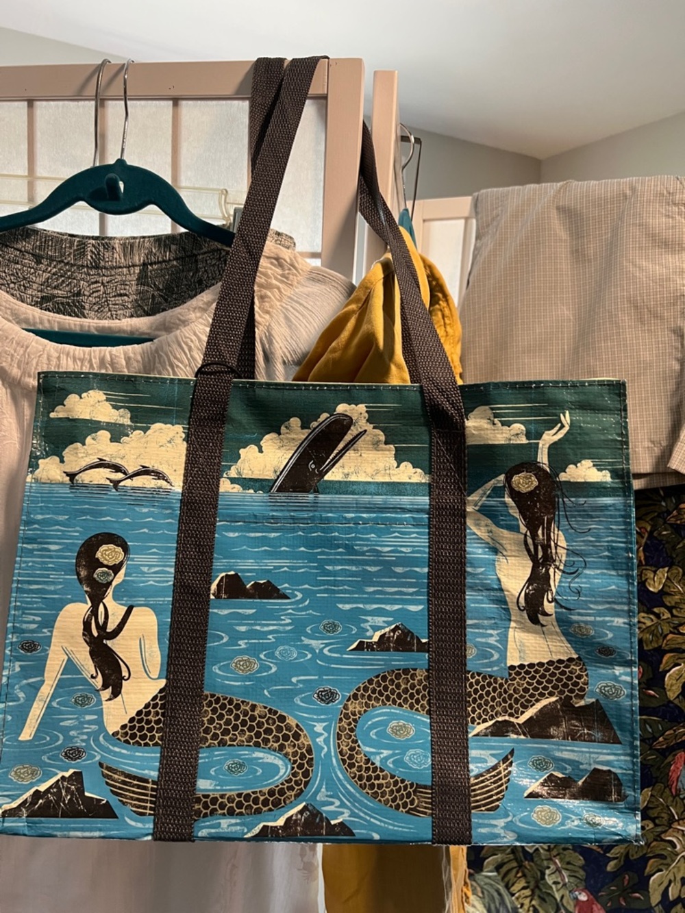 Blue Q Mermaid Print zip Tote Bag with Black Straps